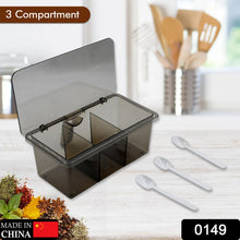 Spice box with three compartments and lid, durable and suitable for coffee shops or hotels.