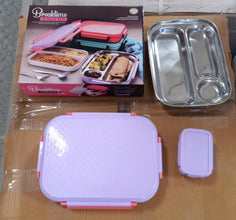 Kids lunch box, pink plastic, with steel plate, school use.